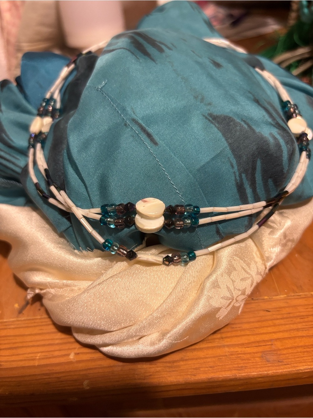 Teal and Cream Beaded Layered Necklace with Shell Accent